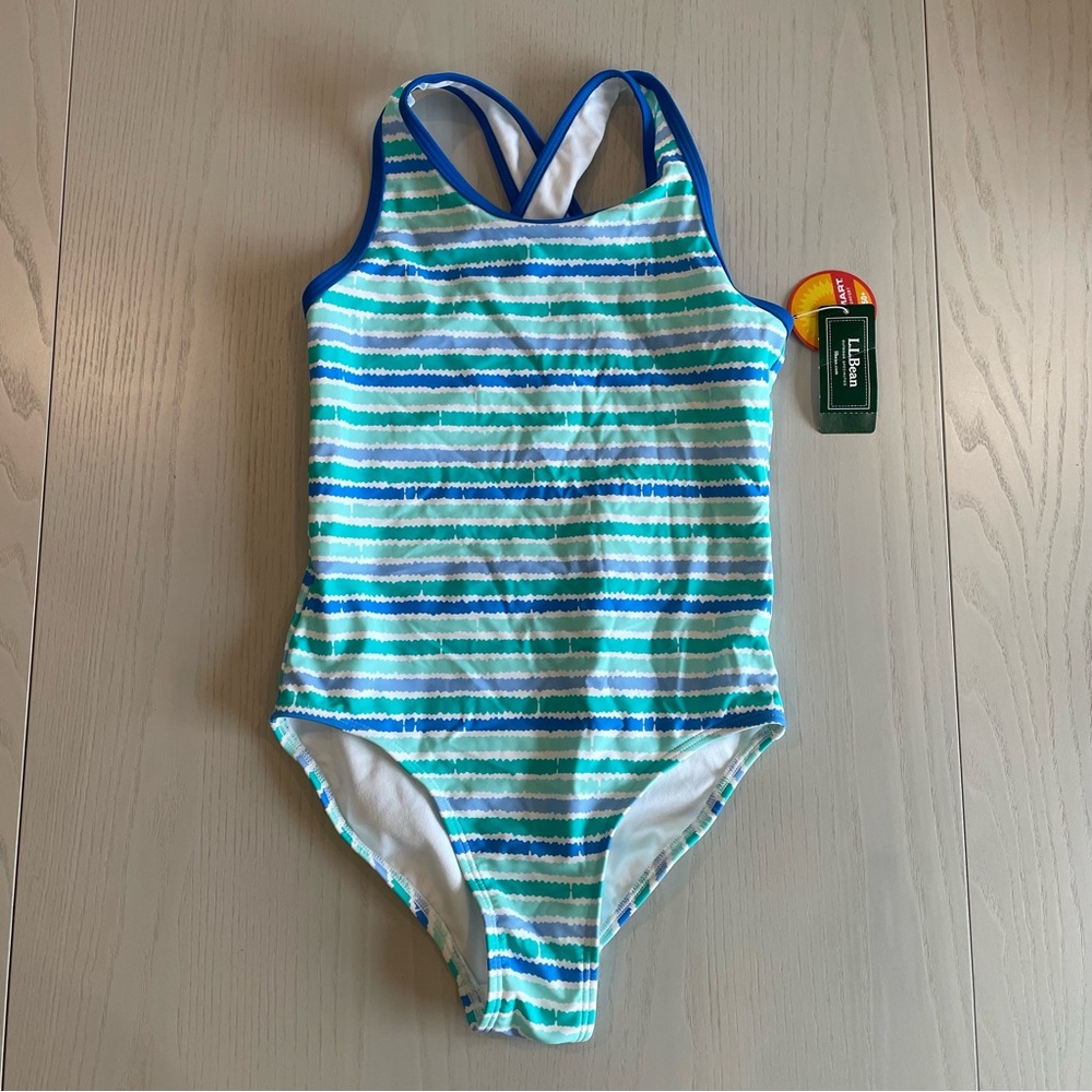 L.L.Bean Girls Watersports One-Piece Swimsuit (Beach Glass Stripe) - 8 - Picture 3 of 5